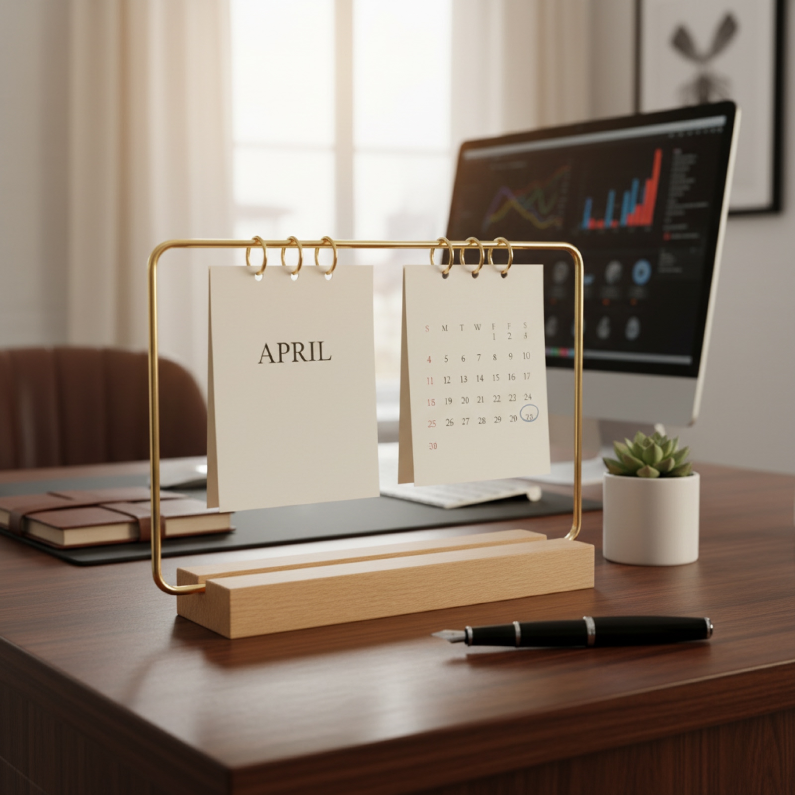 Desk Setup Wood - Suporte de calendário com base de
