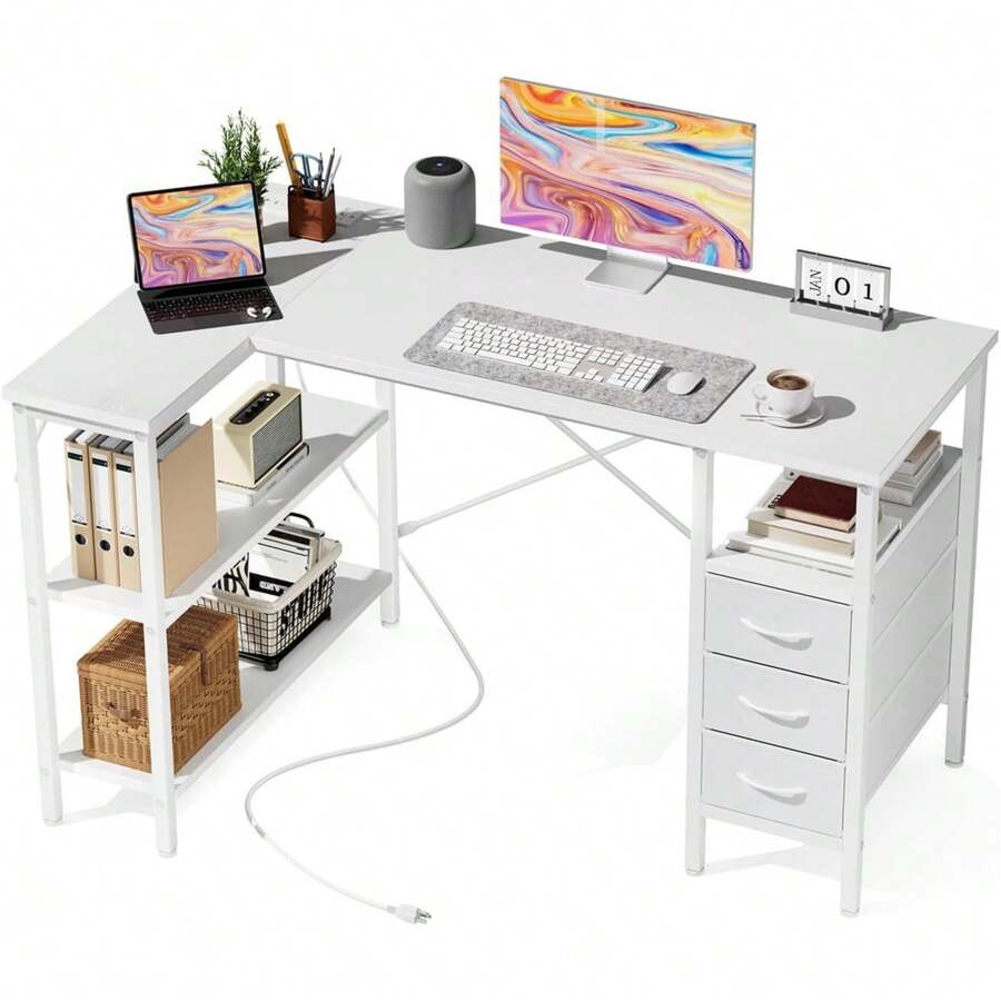 L Shaped Desk Setup - Mesa em L com prateleiras e